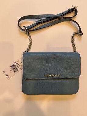 Michael Kors Dusty Blue Pebbled Leather Chain-Accent Crossbody